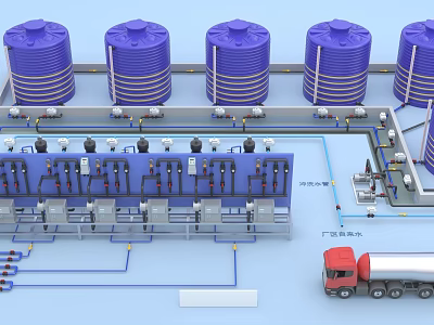 Industrial Equipment Featuring Blue Storage Tanks Control Panels Pipeline System And Oil Tank Truck In Facility 3d model