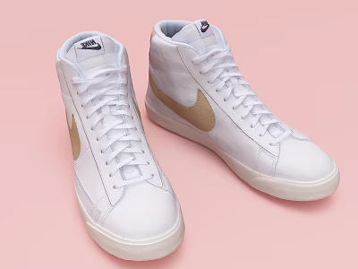 White High Top Shoes Featuring Golden Nike Logo on Pink Background 3d model