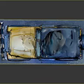 Yellow Jeep with Blue Roof Black Windows and Large Tires on Blue Platform Gray Background