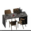 Modern Dining Set with Marble Table Top Beige Chairs and Olive Vase Fruits