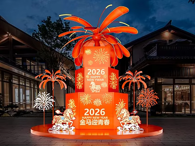 Orange Multi Tiered 2026 Art Installation With Fireworks Palm Tree Decorations Golden Island Youth Welcome 3d model