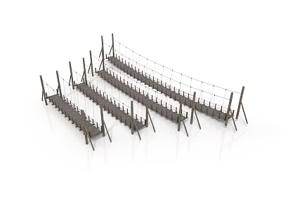 Wooden Frame Rope Bridge Scene Components With Crossed Ropes And Support Poles 3d model
