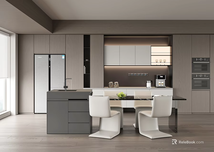 Modern Restaurant Kitchen Interior With Island Counter Dining Table And Cabinets 3d model 