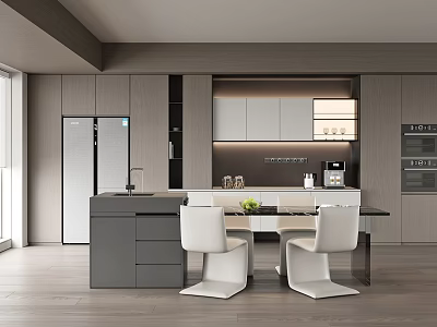 Modern Restaurant Kitchen Interior With Island Counter Dining Table And Cabinets 3d model