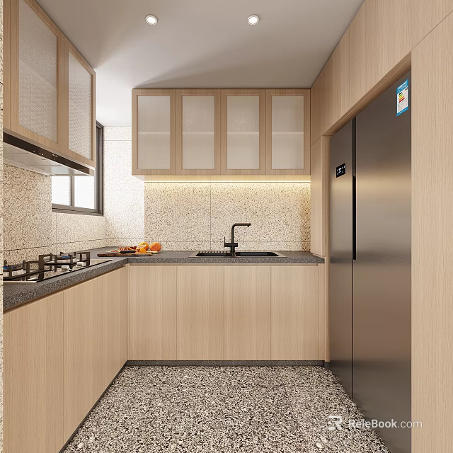 Modern Kitchen Interior With Light Wood Cabinets Glass Door Cabinets Black Countertop Stainless Steel Refrigerator 3d model 