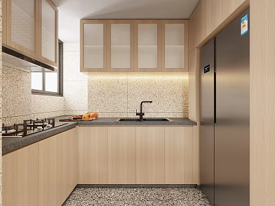 Modern Kitchen Interior With Light Wood Cabinets Glass Door Cabinets Black Countertop Stainless Steel Refrigerator 3d model