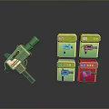 Green Toy Gun Weapon With Green And Red Square Boxes Display Setup
