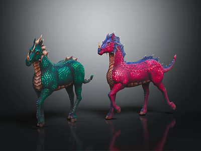 Two Colorful Dragon Like Mythical Creatures With Green And Pink Scales And Horns 3d model