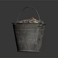 Vintage Rusty Metal Bucket Filled With Coal Ashes On Dark Background