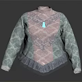 Lace Trimmed Fringe Hem Knitted Top in Pink and Light Green with Blue Pendant