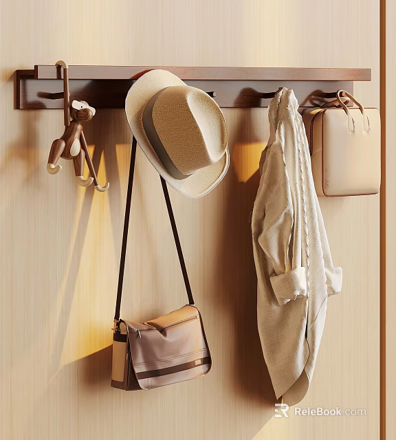 Home Entryway Hanging Rack with Straw Hat Beige Coat and Leather Bags on Wooden Wall 3d model 