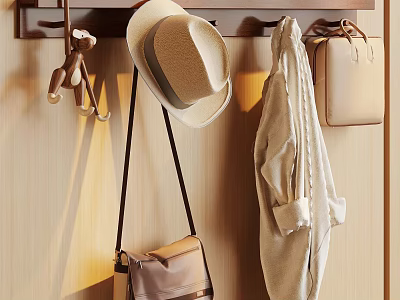Home Entryway Hanging Rack with Straw Hat Beige Coat and Leather Bags on Wooden Wall 3d model