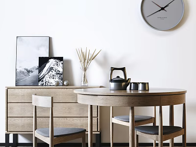 Modern Wooden Round Dining Table Set With Two Chairs Drawer Cabinet Paintings Dried Flowers Vase And Wall Clock 3d model