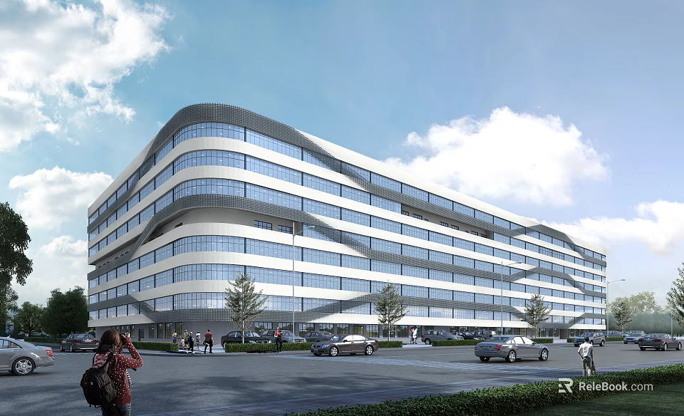 Modern Streamlined Office Building With Glass Facade Trees Pedestrians And Vehicles 3d model 