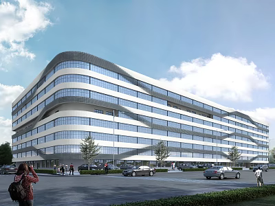 Modern Streamlined Office Building With Glass Facade Trees Pedestrians And Vehicles 3d model