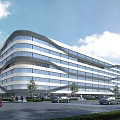 Modern Streamlined Office Building With Glass Facade Trees Pedestrians And Vehicles