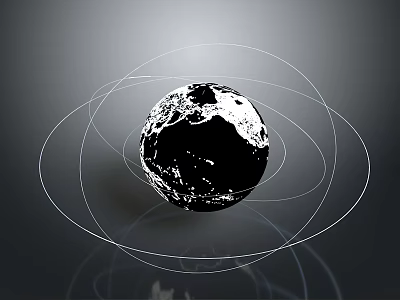 Black Globe Surrounded By White Orbital Lines On Gray Background Design 3d model