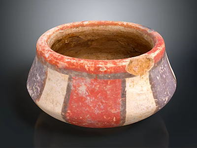 Handcrafted Sculptural Ceramic Bowl With Red White Purple Stripes And Traditional Design 3d model