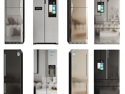Modern Stainless Steel Refrigerators With Various Door Styles For Home Kitchen Use 3d model