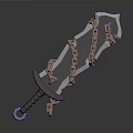 Angular Blade Sword With Wrapped Chains Dark Hilt And Metallic Sheen On Dark Background