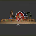 Charming Farm Scenery With Red Barn Blue Roof Palm Trees Wooden Fence And Well