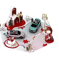 Festive Christmas Scene With Decorated Cars Snowman Trees Gifts And Archway