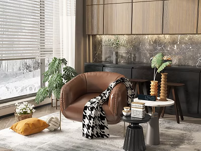 Cozy Brown Leather Single Sofa in Living Room with Window Blinds Potted Plants and Decorative Tables 3d model