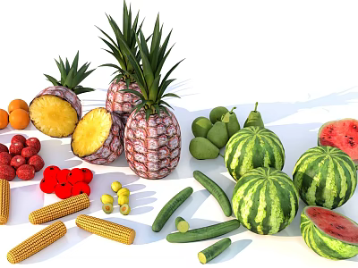 Fresh Assorted Fruits and Vegetables Display with Pineapples Watermelons Cucumbers and Strawberries 3d model