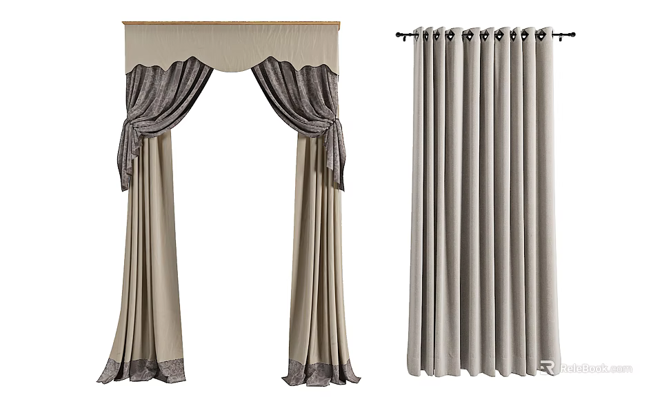 Decorative Beige Curtains With Bowknots And Simple Light Gray Floor Length Drapery 3d model 
