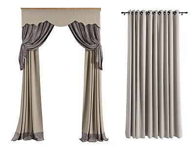 Decorative Beige Curtains With Bowknots And Simple Light Gray Floor Length Drapery 3d model
