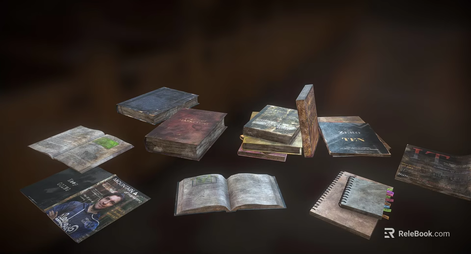 Diverse Open and Stacked Books Collection Featuring Flat Lying Copies and Vintage Covers 3d model 