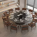 Dark Round Dining Table Set With Brown Upholstered Chairs Tableware And Natural Light 3d model