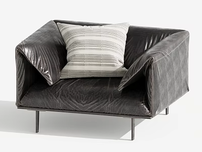 Dark Gray Leather Single Seater Sofa With Striped Pillow Folded Armrests And Metal Legs 3d model