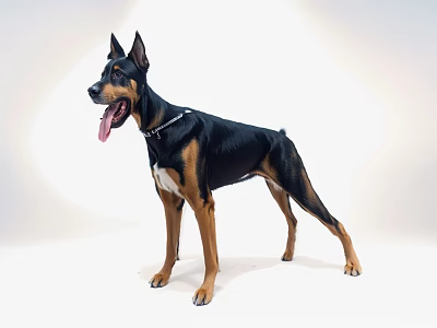 Black And Tan Doberman Pinscher Dog Standing On White Background With Collar 3d model