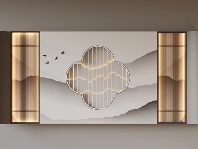 Traditional Chinese Decorative Wall Featuring Clover Hollow Design Mountain Pattern And Flying Birds 3d model
