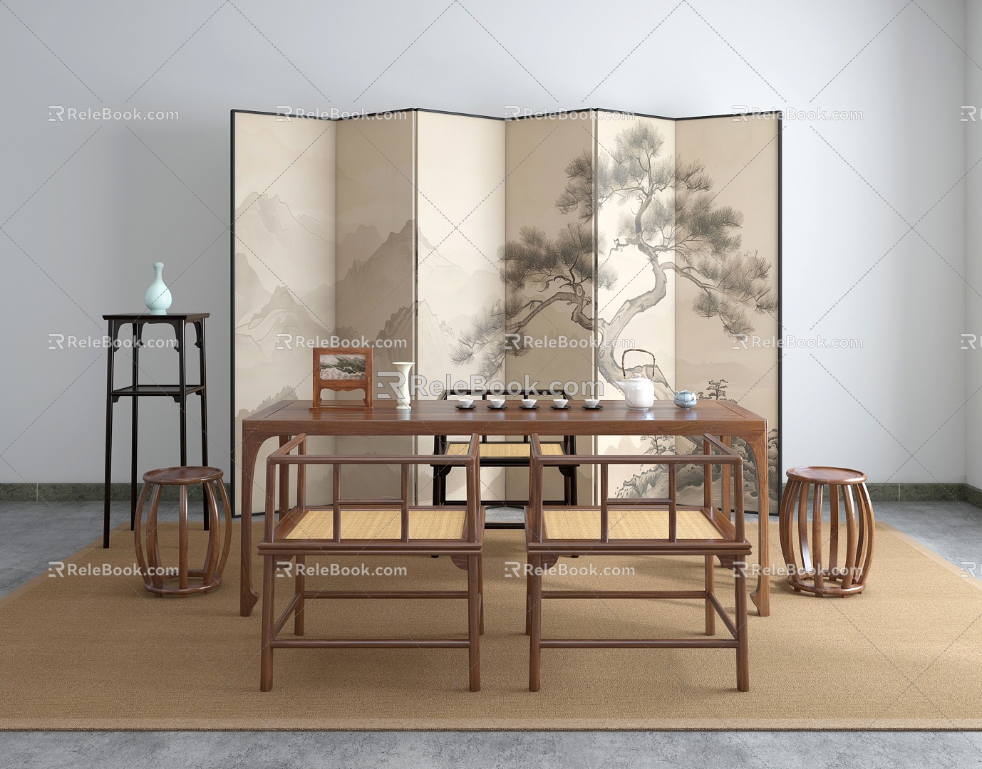 Chinese Tea Table Song Dynasty Tea Room Screen Flower Table Tea Chair Round Stool Sitting Pier Tea Set 3d model