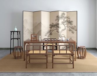 Chinese Tea Table Song Dynasty Tea Room Screen Flower Table Tea Chair Round Stool Sitting Pier Tea Set 3d model