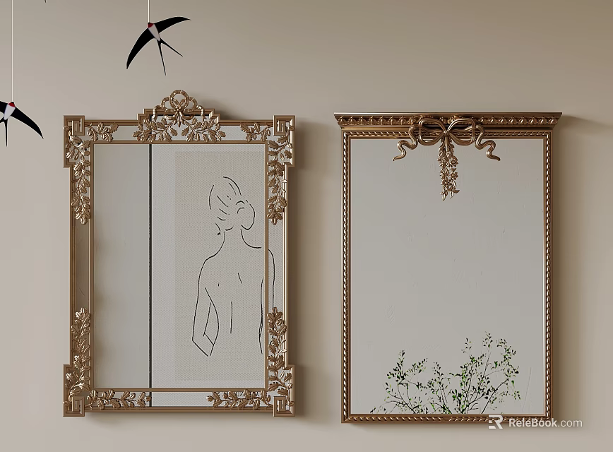 Two Gold Framed Mirrors On Beige Wall With Ornate Details Featuring Female Silhouette And Plant 3d model 