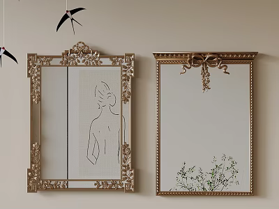 Two Gold Framed Mirrors On Beige Wall With Ornate Details Featuring Female Silhouette And Plant 3d model
