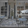 Elegant Restaurant Outdoor Patio with Marble Columns Large Windows Striped Umbrella and Metal Tables Chairs