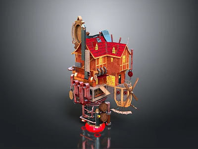 Intricate Model House Structure With Red Roof Windmill Barrels And Mechanical Parts 3d model