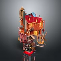Intricate Model House Structure With Red Roof Windmill Barrels And Mechanical Parts
