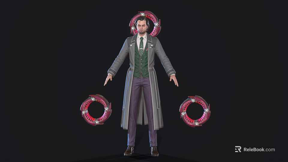 Man In Long Coat And Vest Standing With Red Circular Rings Around 3d model 