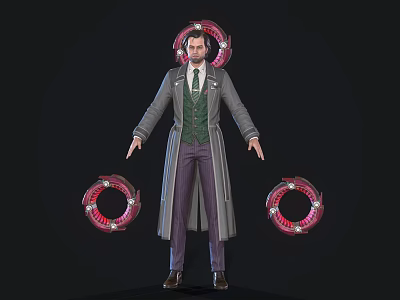Man In Long Coat And Vest Standing With Red Circular Rings Around 3d model