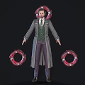Man In Long Coat And Vest Standing With Red Circular Rings Around