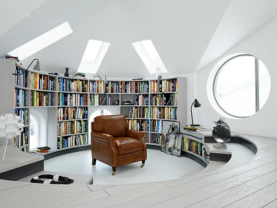 Study Room Interior With Floor to Ceiling Bookshelves Brown Leather Chair Round Window and Skylights 3d model