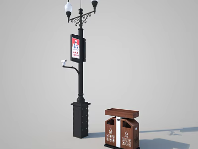 Vintage Outdoor Lamp Post With Display Screen Camera And Trash Bin 3d model