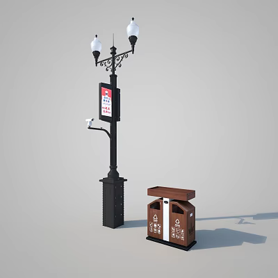 Vintage Outdoor Lamp Post With Display Screen Camera And Trash Bin 3d model