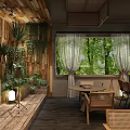 Rustic Restaurant Interior With Wooden Ceiling Hanging Green Plants Projection Screen And Wooden Tables