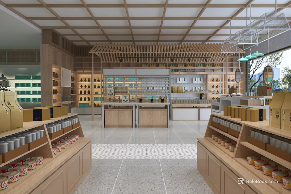 Modern Mall Store Interior With Wooden Ceiling Shelves And Product Displays 3d model 